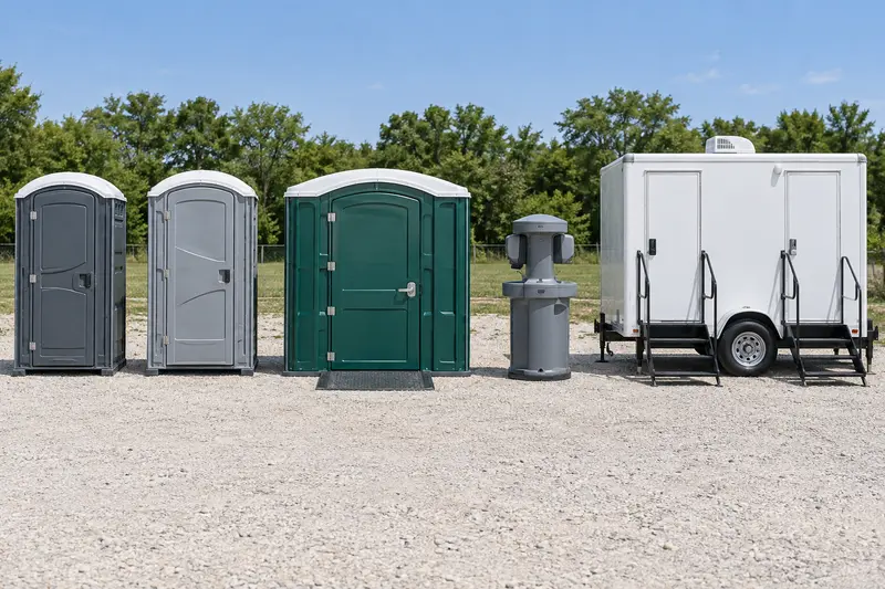 Portable toilets, wash station and trailer lineup
